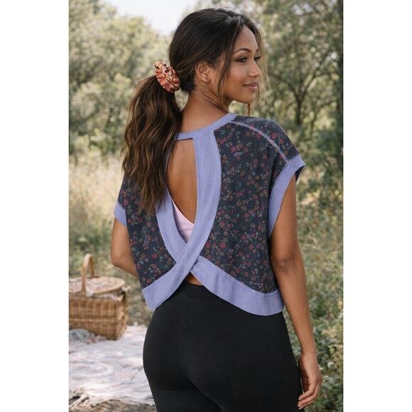 New Natural Life Cut It Out Tee XL Charcoal Floral Open Back Cotton Top - Picture 2 of 14